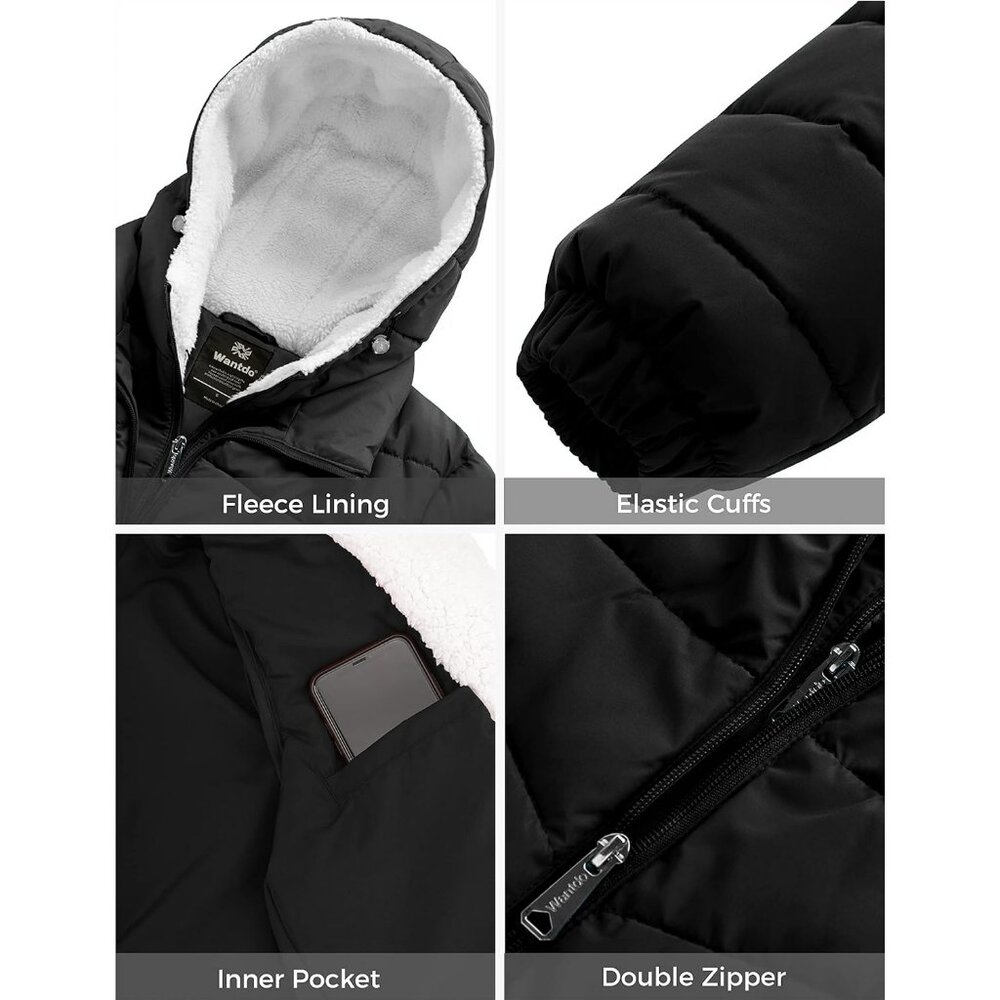Women's Fabric Fleece Hooded Black Puffer Quilted Jacket Coats Winter Warm - Picture 6 of 6